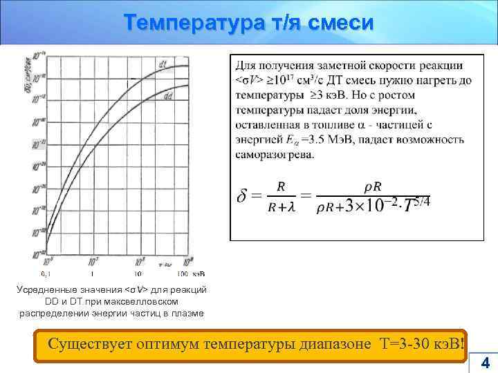 Температура т/я смеси Усредненные значения <σV> для реакций DD и DT при максвелловском распределении