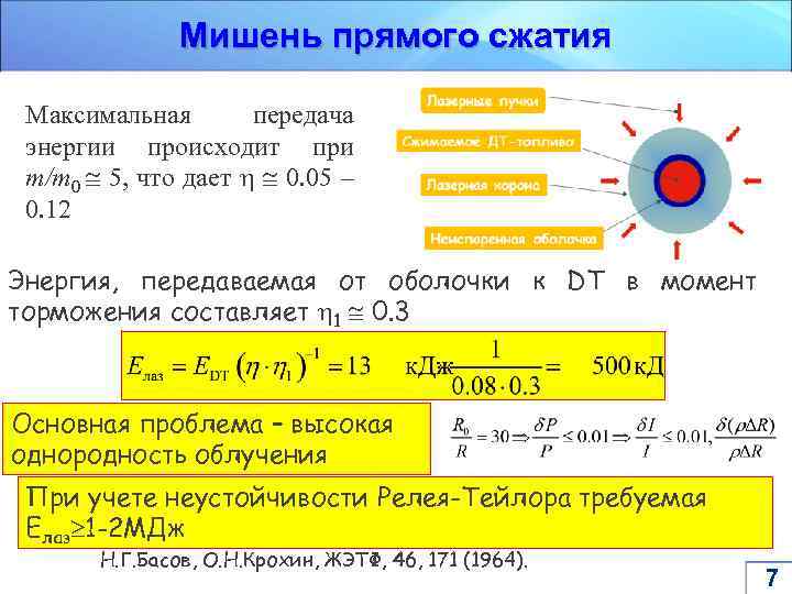 Мишень прямого сжатия Максимальная передача энергии происходит при m/m 0 5, что дает 0.