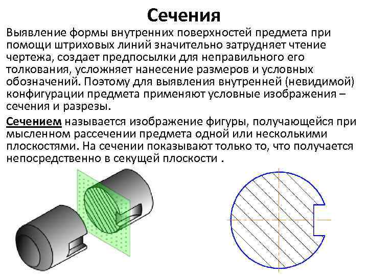 Сечения Выявление формы внутренних поверхностей предмета при помощи штриховых линий значительно затрудняет чтение чертежа,