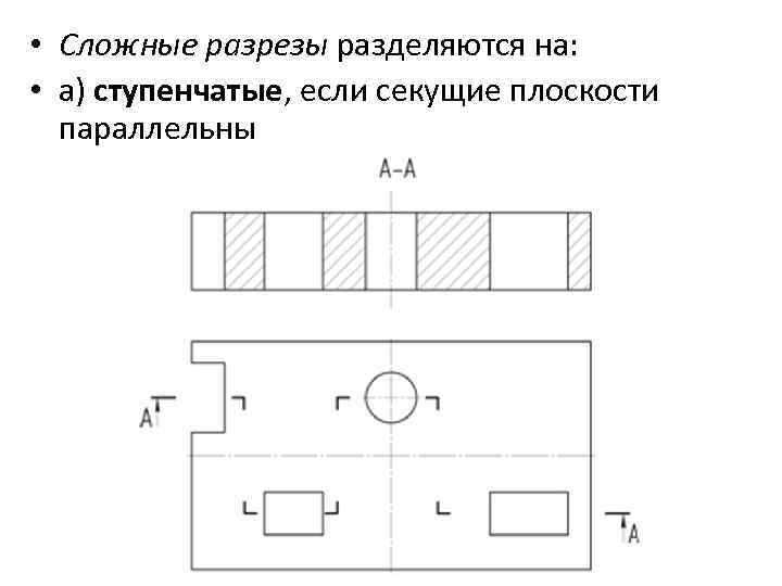  • Сложные разрезы разделяются на: • а) ступенчатые, если секущие плоскости параллельны 
