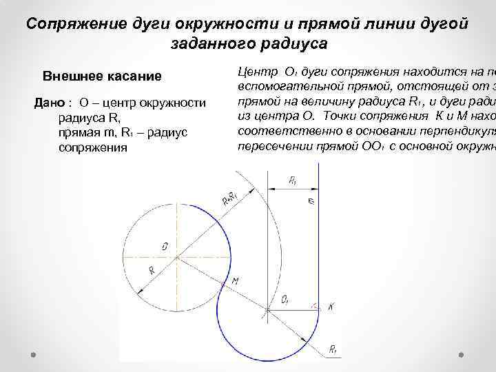 Внешнее сопряжение двух окружностей с дугой заданного радиуса изображено на рисунке