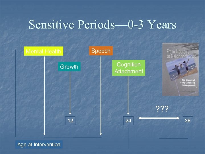 Sensitive Periods— 0 -3 Years Speech Mental Health Growth Cognition Attachment ? ? ?