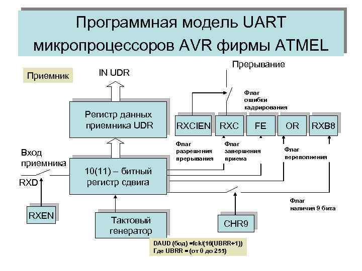 Программная модель UART микропроцессоров AVR фирмы ATMEL Приемник IN UDR Регистр данных приемника UDR