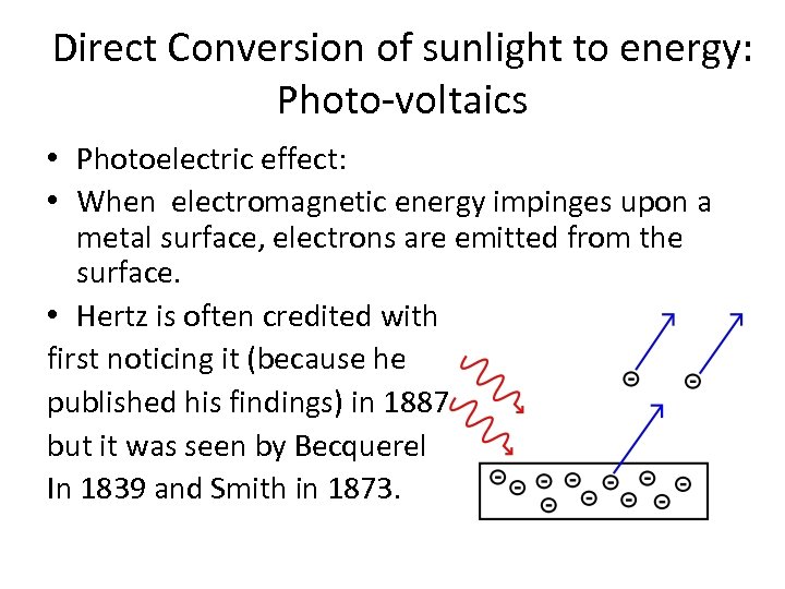 Direct Conversion of sunlight to energy: Photo-voltaics • Photoelectric effect: • When electromagnetic energy