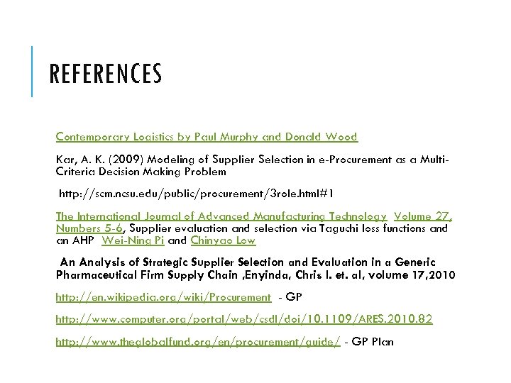 REFERENCES Contemporary Logistics by Paul Murphy and Donald Wood Kar, A. K. (2009) Modeling