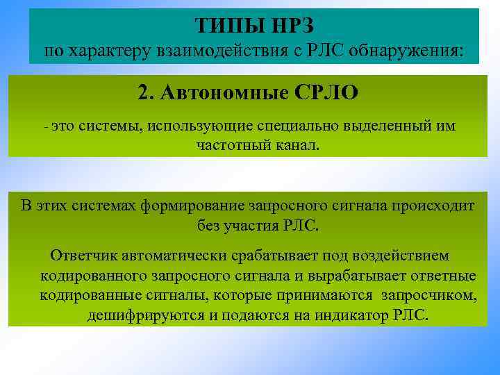 ТИПЫ НРЗ по характеру взаимодействия с РЛС обнаружения: 2. Автономные СРЛО - это системы,