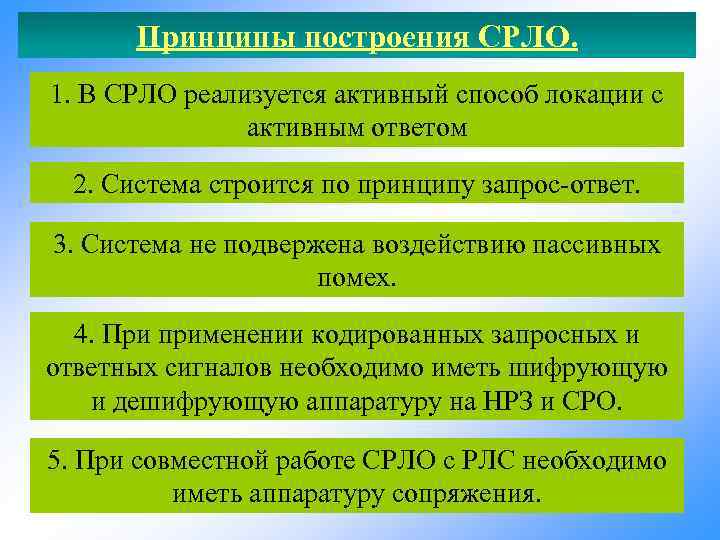 Принципы построения СРЛО. 1. В СРЛО реализуется активный способ локации с активным ответом 2.