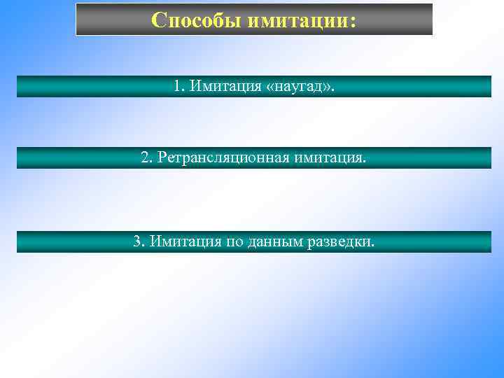 Способы имитации: 1. Имитация «наугад» . 2. Ретрансляционная имитация. 3. Имитация по данным разведки.