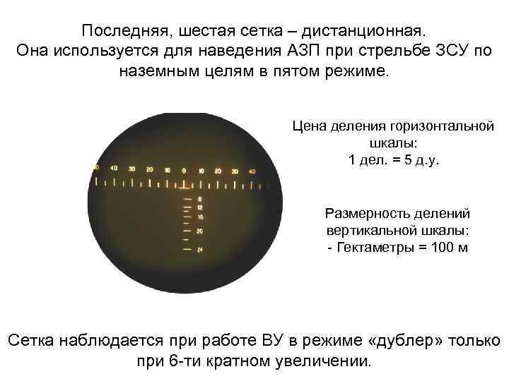 Последняя, шестая сетка – дистанционная. Она используется для наведения АЗП при стрельбе ЗСУ по