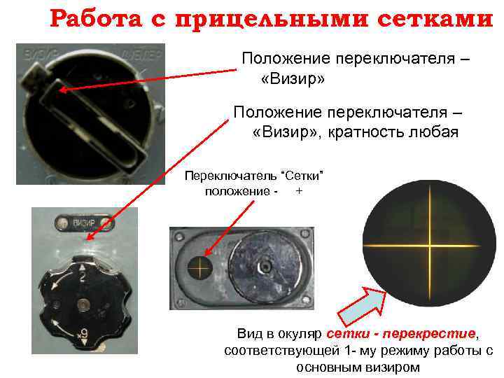 Работа с прицельными сетками Положение переключателя – «Визир» , кратность любая Переключатель “Сетки” положение