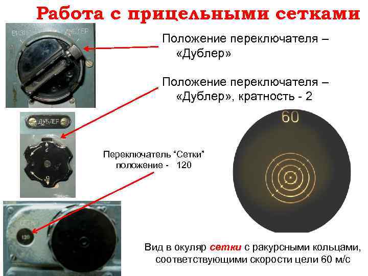 Работа с прицельными сетками Положение переключателя – «Дублер» , кратность - 2 Переключатель “Сетки”
