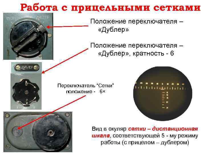 Работа с прицельными сетками Положение переключателя – «Дублер» , кратность - 6 Переключатель “Сетки”