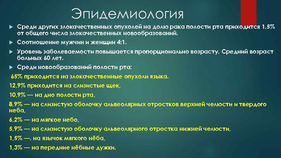 Эпидемиология Среди других злокачественных опухолей на долю рака полости рта приходится 1. 5% от