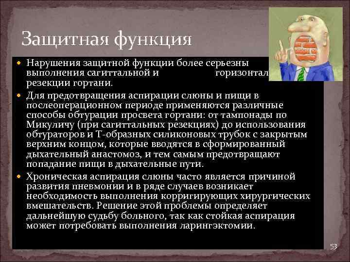 Защитная функция Нарушения защитной функции более серьезны после выполнения сагиттальной и горизонтальной резекции гортани.