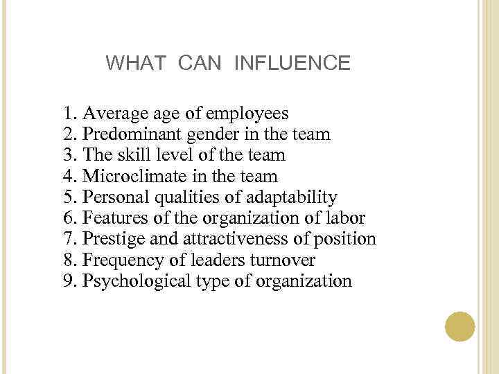 WHAT CAN INFLUENCE 1. Average of employees 2. Predominant gender in the team 3.