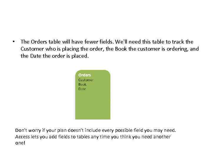  • The Orders table will have fewer fields. We'll need this table to