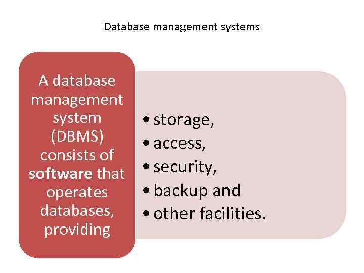 Database management systems A database management system (DBMS) consists of software that operates databases,