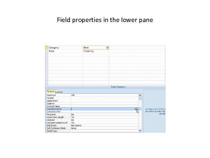Field properties in the lower pane 