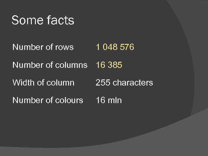 Some facts Number of rows 1 048 576 Number of columns 16 385 Width