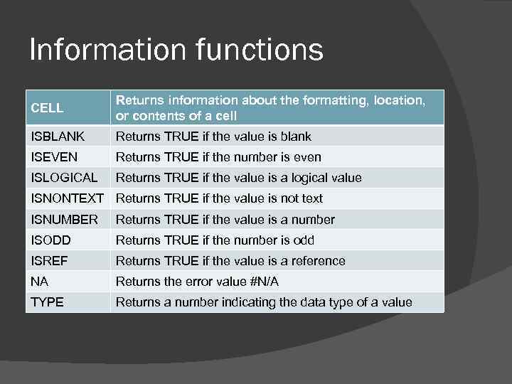 Information functions CELL Returns information about the formatting, location, or contents of a cell