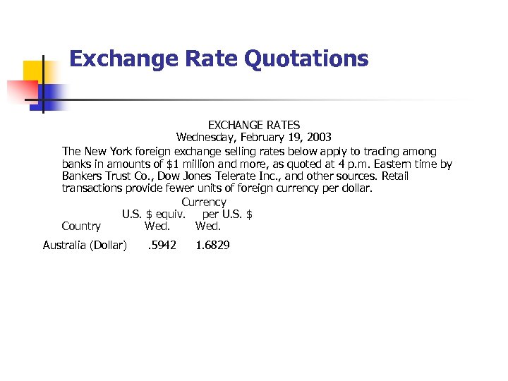 Exchange Rate Quotations EXCHANGE RATES Wednesday, February 19, 2003 The New York foreign exchange