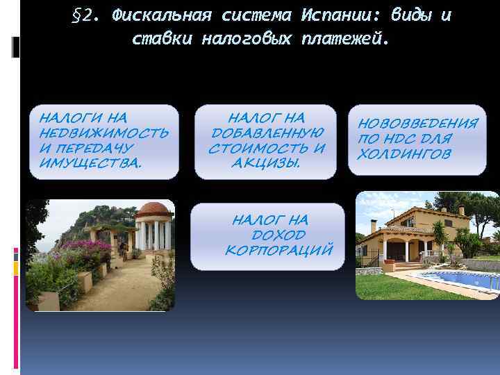 § 2. Фискальная система Испании: виды и ставки налоговых платежей. НАЛОГИ НА НЕДВИЖИМОСТЬ И