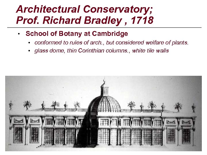 Architectural Conservatory; Prof. Richard Bradley , 1718 • School of Botany at Cambridge •