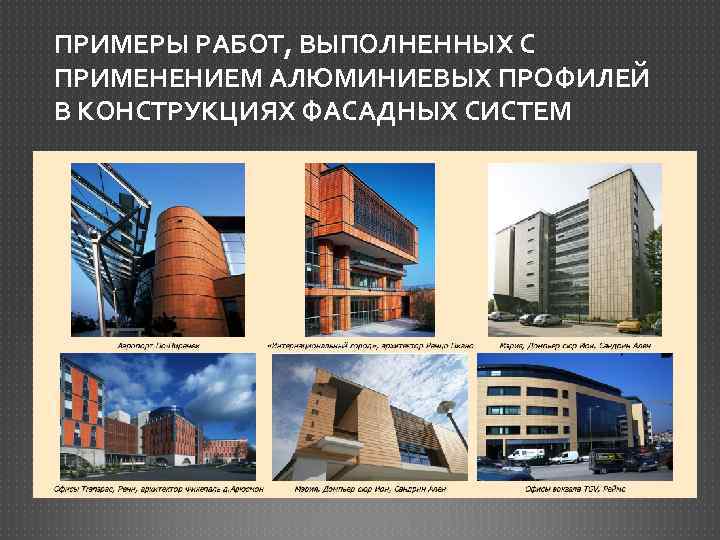 ПРИМЕРЫ РАБОТ, ВЫПОЛНЕННЫХ С ПРИМЕНЕНИЕМ АЛЮМИНИЕВЫХ ПРОФИЛЕЙ В КОНСТРУКЦИЯХ ФАСАДНЫХ СИСТЕМ 