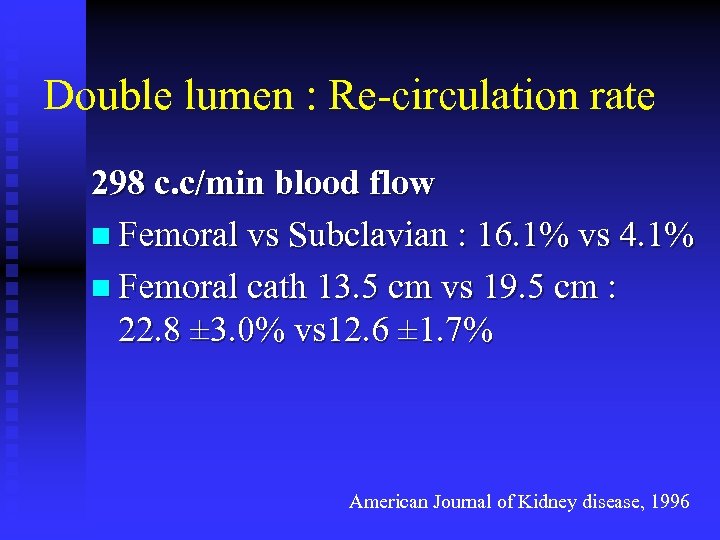 Double lumen : Re-circulation rate 298 c. c/min blood flow n Femoral vs Subclavian