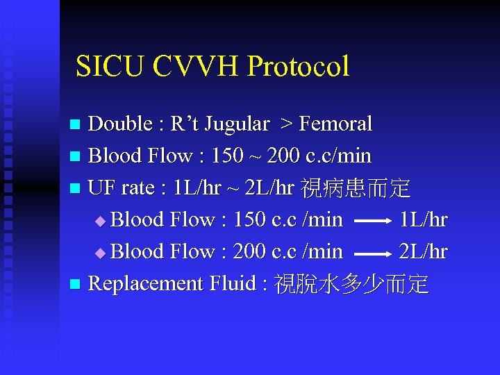 SICU CVVH Protocol Double : R’t Jugular > Femoral n Blood Flow :