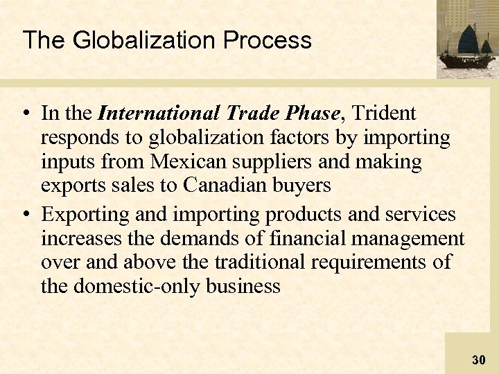 The Globalization Process • In the International Trade Phase, Trident responds to globalization factors
