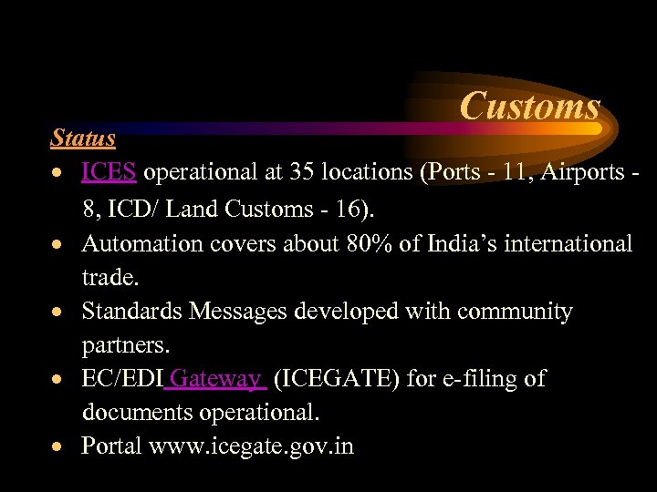 Customs Status · ICES operational at 35 locations (Ports - 11, Airports 8, ICD/