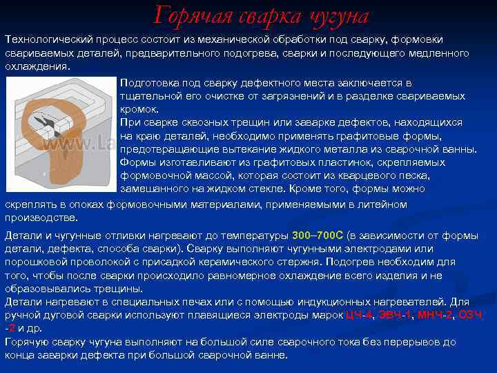 Горячая сварка чугуна Технологический процесс состоит из механической обработки под сварку, формовки свариваемых деталей,