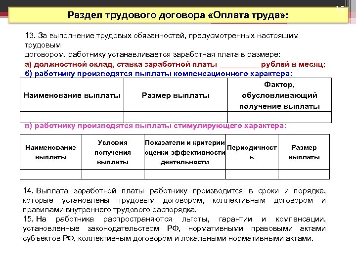 Раздел трудового договора «Оплата труда» : 13. За выполнение трудовых обязанностей, предусмотренных настоящим трудовым