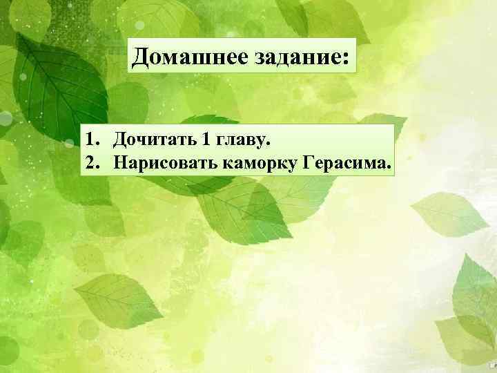 Домашнее задание: 1. Дочитать 1 главу. 2. Нарисовать каморку Герасима. 