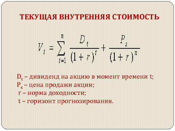 ТЕКУЩАЯ ВНУТРЕННЯЯ СТОИМОСТЬ Dt – дивиденд на акцию в момент времени t; Ps –