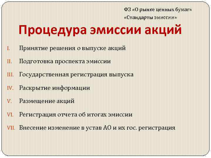 ФЗ «О рынке ценных бумаг» «Стандарты эмиссии» Процедура эмиссии акций I. Принятие решения о