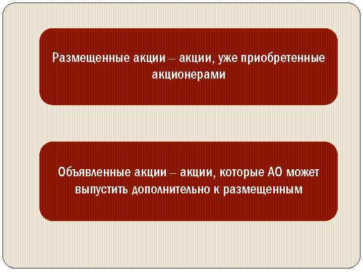 Размещенные акции – акции, уже приобретенные акционерами Объявленные акции – акции, которые АО может