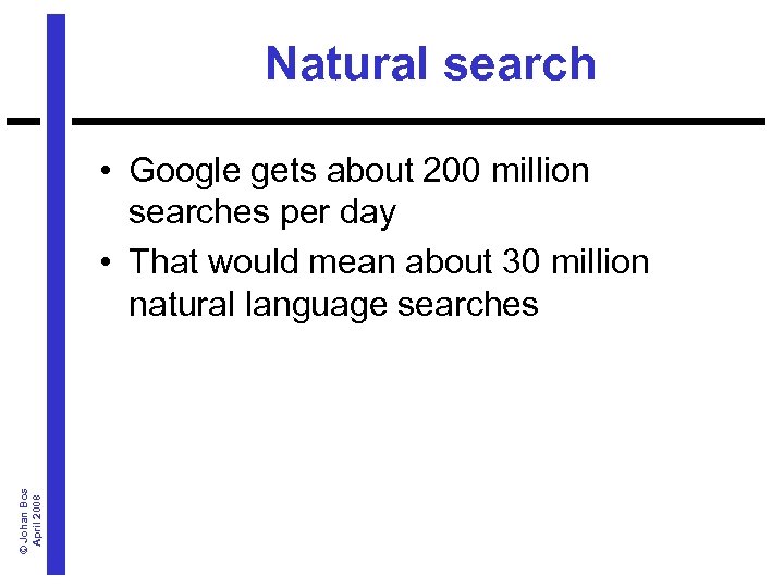 Natural search © Johan Bos April 2008 • Google gets about 200 million searches