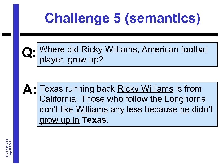 Challenge 5 (semantics) Q: Where did Ricky Williams, American football player, grow up? A: