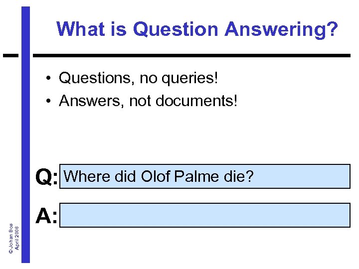 What is Question Answering? • Questions, no queries! • Answers, not documents! © Johan