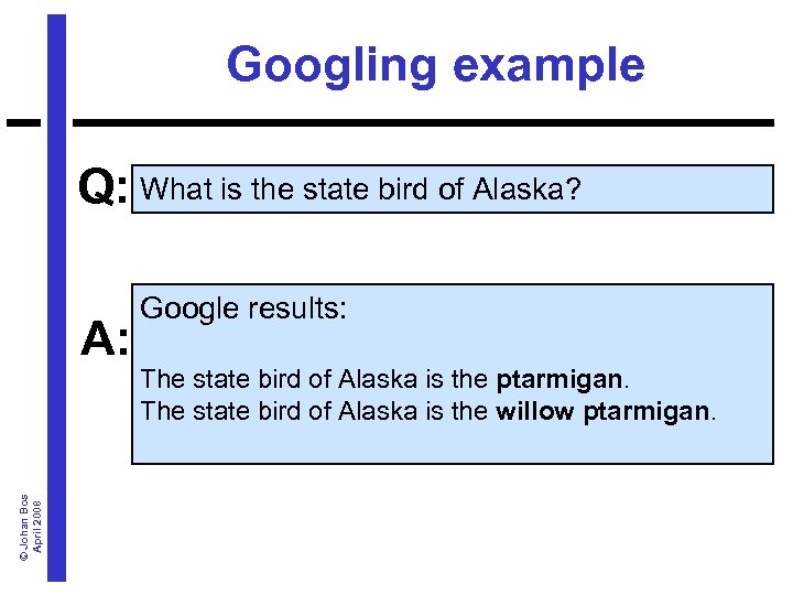Googling example Q: What is the state bird of Alaska? © Johan Bos April
