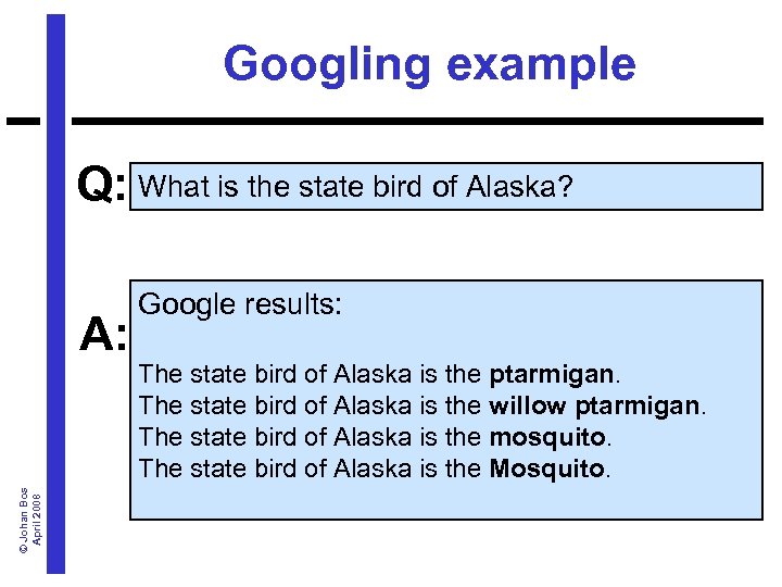Googling example Q: What is the state bird of Alaska? © Johan Bos April
