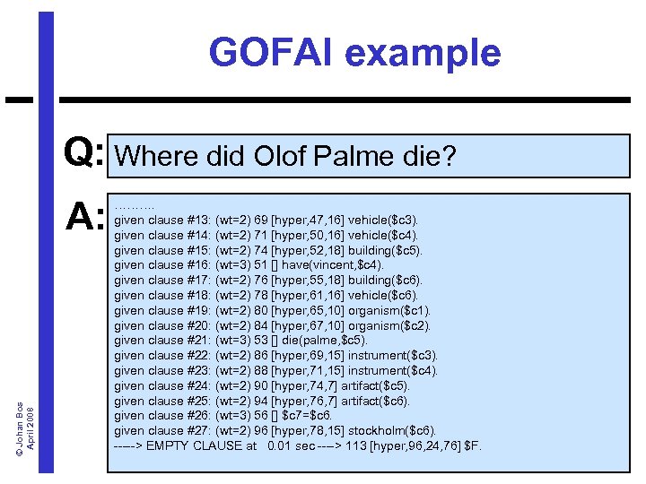 GOFAI example Q: Where did Olof Palme die? © Johan Bos April 2008 A: