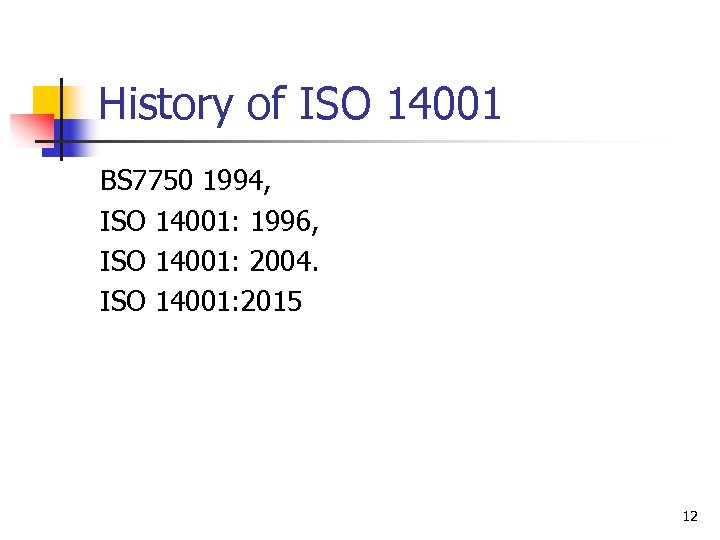 History of ISO 14001 BS 7750 1994, ISO 14001: 1996, ISO 14001: 2004. ISO