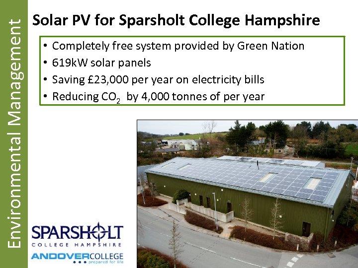 Environmental Management Solar PV for Sparsholt College Hampshire • • Completely free system provided