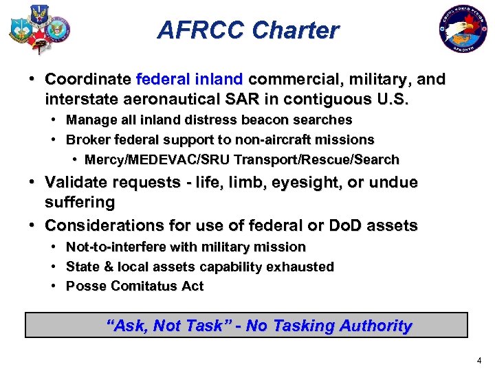 AFRCC Charter • Coordinate federal inland commercial, military, and interstate aeronautical SAR in contiguous