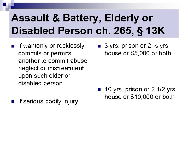 Assault & Battery, Elderly or Disabled Person ch. 265, § 13 K n if