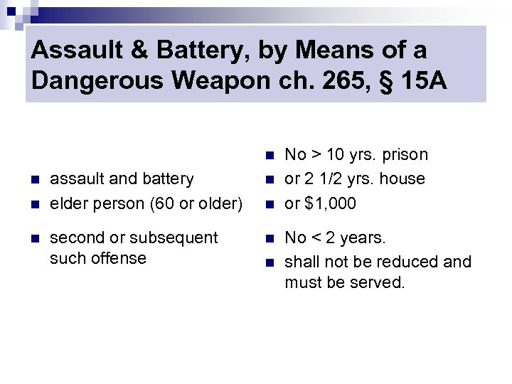 Assault & Battery, by Means of a Dangerous Weapon ch. 265, § 15 A