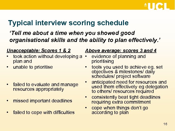 Typical interview scoring schedule ‘Tell me about a time when you showed good organisational
